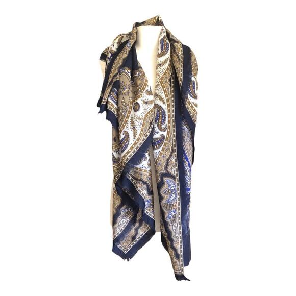 Vintage 1950’s - 1960’s Navy Taupe Ivory Paisley Floral Print Scarf Preowned - Picture 2 of 15